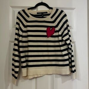 Aqua Cream and Black Striped Crewneck Sweater with Red Heart Patch